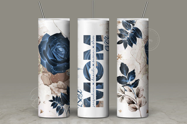 Mother's Day Tumbler Wrap PNG, Add Kids Names, Blue Gold Floral Tumbler, Seamless Sublimation Designs Downloads, 20 oz Skinny Tumbler Design Sublimation Syre Digital Creations 