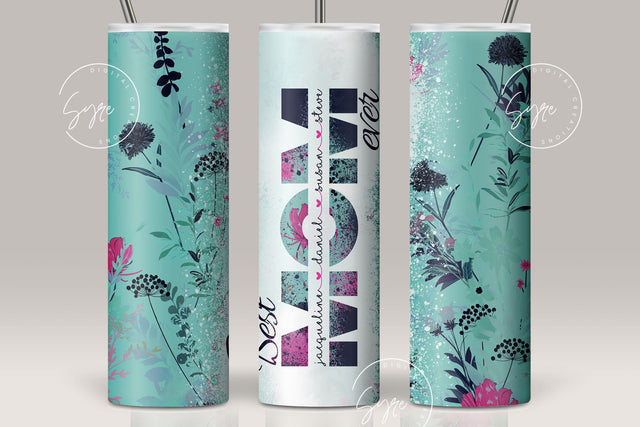Mother's Day Tumbler Wrap PNG, Add Kids Names, Green Floral Tumbler, Seamless Sublimation Designs Downloads, 20 oz Skinny Tumbler Design Sublimation Syre Digital Creations 