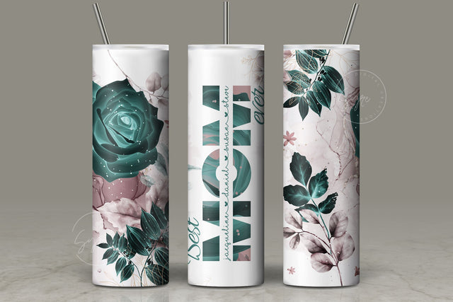 Mother's Day Tumbler Wrap PNG, Add Kids Names, Green Floral Tumbler, Seamless Sublimation Designs Downloads, 20 oz Skinny Tumbler Design Sublimation Syre Digital Creations 