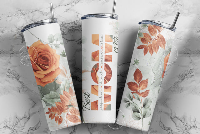 Mother's Day Tumbler Wrap PNG, Add Kids Names, Orange Floral Tumbler, Seamless Sublimation Designs Downloads, 20 oz Skinny Tumbler Design Sublimation Syre Digital Creations 