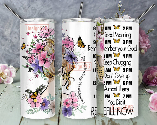 Motivational 20oz Tumbler Design, Girl Floral Butterfly Design Png, Water Tracker Tumbler Png, Inspirational Sublimation Design, Instant Download Sublimation DesignSVG 