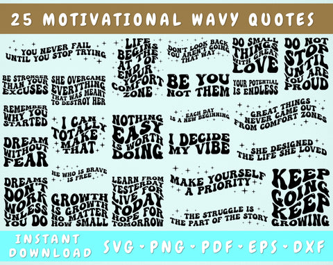Motivational Quotes Wavy SVG Bundle, 25 Designs, Groovy Motivational SVG, PNG, Retro Motivational Sayings SVG, Motivational Cricut Cut Files SVG HappyDesignStudio 