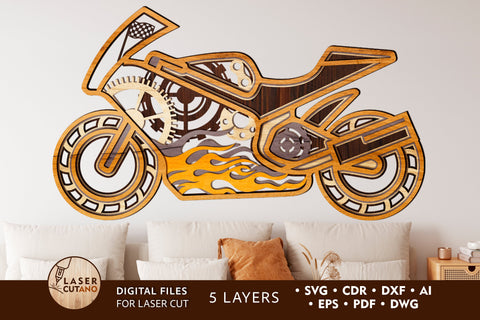 MOTO Laser Cut Wooden Wall Art For Bikers, Motorcycle SVG Multilayer Laser Cut Files, Mandala, SVG, 3D Designs SVG LaserCutano 