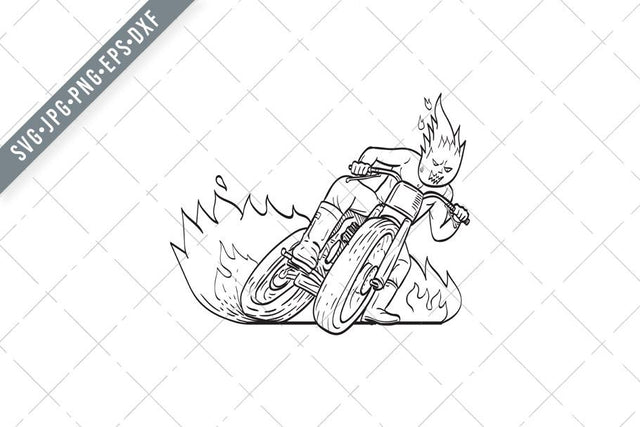Motorcycle Driver with Fireball Head Driving Motorbike Flat Track Racing Line Art Drawing Black and White SVG Patrimonio Designs Limited 