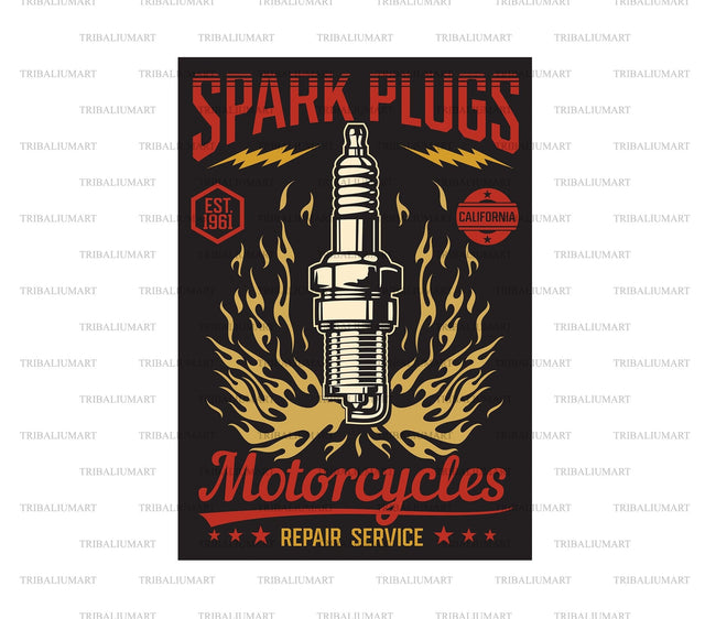 Motorcycle Repair Service Retro Poster. Spark Plugs. SVG TribaliumArtSF 