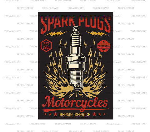 Motorcycle Repair Service Retro Poster. Spark Plugs. SVG TribaliumArtSF 