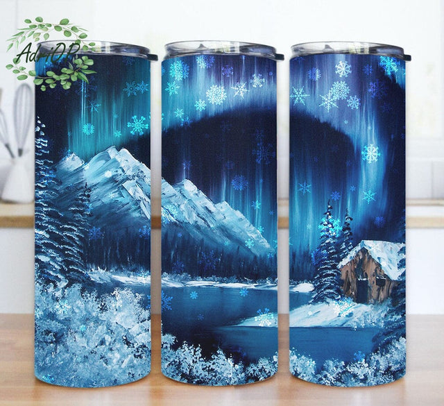 Mountain 20oz Skinny Design, Rustic Winter Scene Tumbler Wrap, Wood Tumbler Design, Snowflakes Design Png, Mountain Winter Tumbler With Lid And Straw, Instant Download Sublimation AdriOP 
