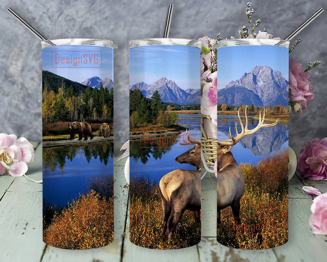 Mountain Bear And Deer Tumbler Design, Nature Scene 20oz Tumbler Wrap, Bear And Deer Tumbler Png, Animal Love Sublimation Design, Instant Download Sublimation DesignSVG 