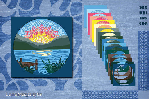 Mountain lake sunrise shadow box Layered mandala svg 3D Paper LanaMagDigital 