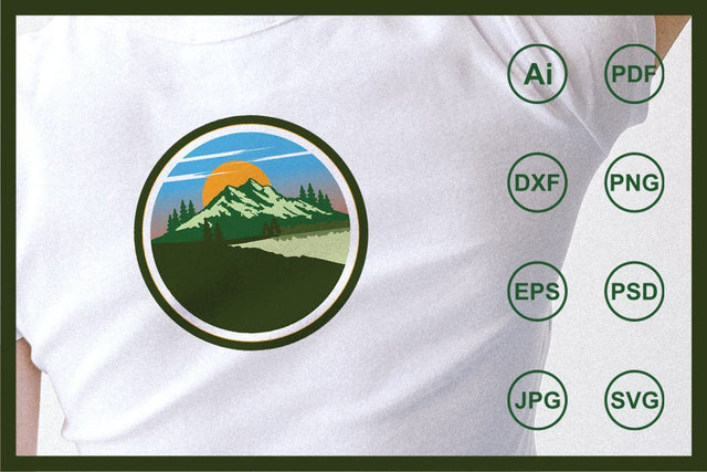 Mountain landscape with trees, sky, sun, pine, spruces, ocean design illustration SVG Leamsign Studio 