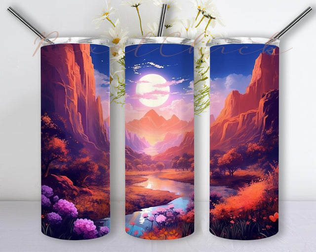 Mountain Stream Sunset 20oz Skinny Tumbler Png, Colorful Tumbler, Colorful Mountain Sunset Sublimation Design Tumbler, Mountain Sunset Tumbler Png Sublimation PixelChick 