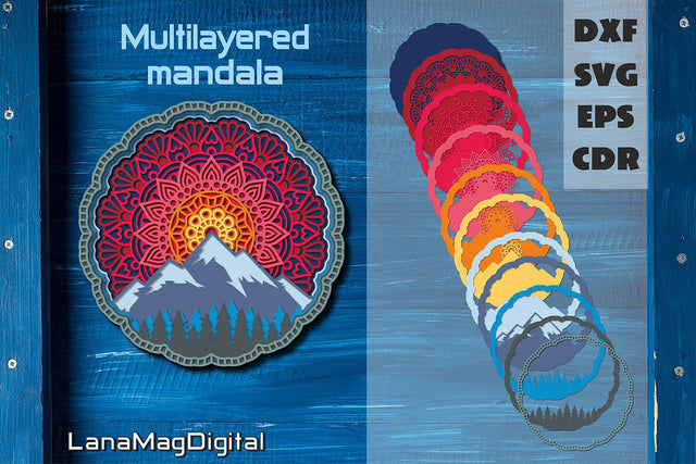 Mountain sunset layered mandala SVG 3d mandala shadow box 3D Paper LanaMagDigital 
