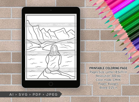 Mountain With Lake Printable Coloring Page Bundle, PDF Colouring Book, Instant Download, CBP00007 SVG ETC Craft 