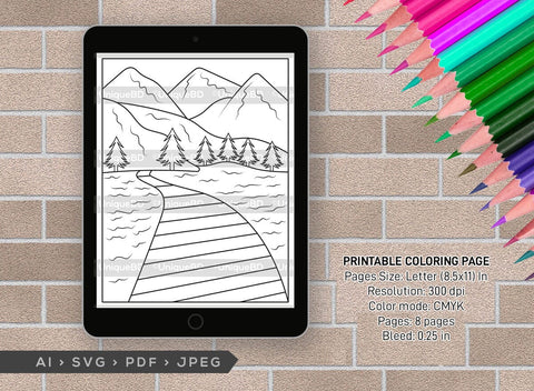 Mountain With Lake Printable Coloring Page Bundle, PDF Colouring Book, Instant Download, CBP00007 SVG ETC Craft 