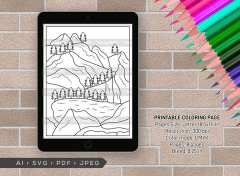 Mountain With Lake Printable Coloring Page Bundle, PDF Colouring Book, Instant Download, CBP00007 SVG ETC Craft 