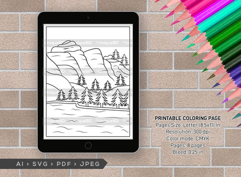 Mountain With Lake Printable Coloring Page Bundle, PDF Colouring Book, Instant Download, CBP00007 SVG ETC Craft 
