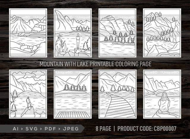 Mountain With Lake Printable Coloring Page Bundle, PDF Colouring Book, Instant Download, CBP00007 SVG ETC Craft 