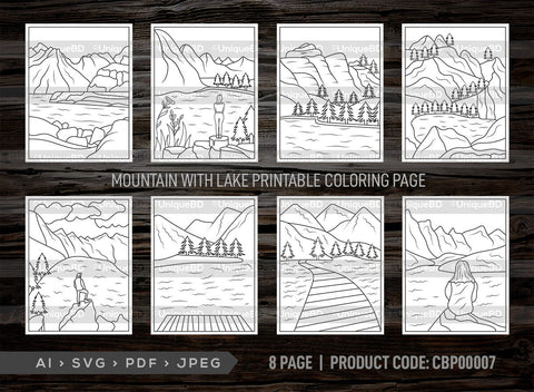 Mountain With Lake Printable Coloring Page Bundle, PDF Colouring Book, Instant Download, CBP00007 SVG ETC Craft 
