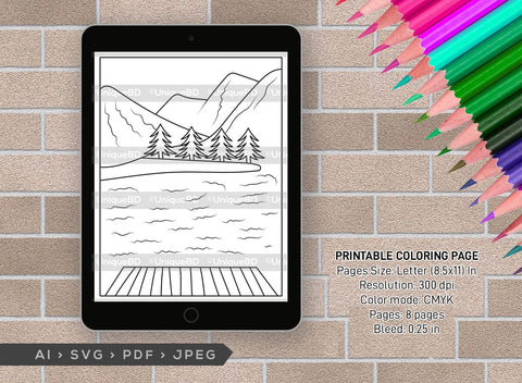 Mountain With Lake Printable Coloring Page Bundle, PDF Colouring Book, Instant Download, CBP00007 SVG ETC Craft 
