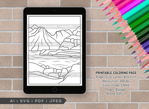 Mountain With Lake Printable Coloring Page Bundle, PDF Colouring Book, Instant Download, CBP00007 SVG ETC Craft 