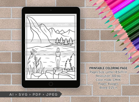 Mountain With Lake Printable Coloring Page Bundle, PDF Colouring Book, Instant Download, CBP00007 SVG ETC Craft 