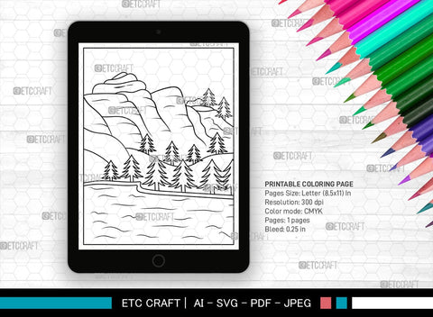 Mountain With Lake Printable Coloring Page, PDF Colouring Book, Instant Download, CBP00007 SVG ETC Craft 