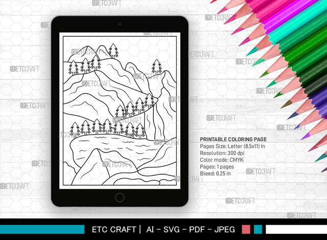 Mountain With Lake Printable Coloring Page, PDF Colouring Book, Instant Download, CBP00007 SVG ETC Craft 