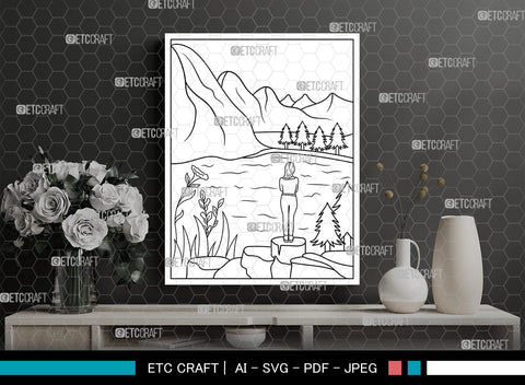 Mountain With Lake Printable Coloring Page, PDF Colouring Book, Instant Download, CBP00007 SVG ETC Craft 