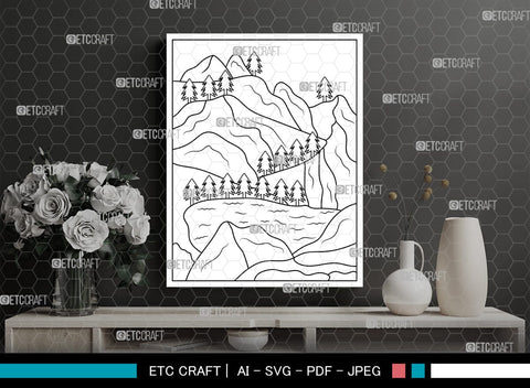 Mountain With Lake Printable Coloring Page, PDF Colouring Book, Instant Download, CBP00007 SVG ETC Craft 