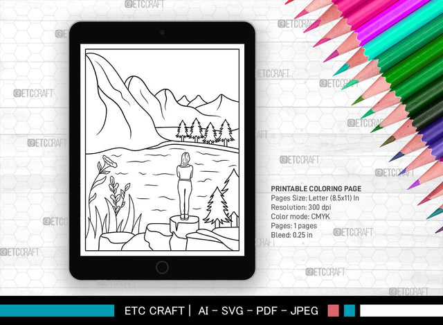 Mountain With Lake Printable Coloring Page, PDF Colouring Book, Instant Download, CBP00007 SVG ETC Craft 