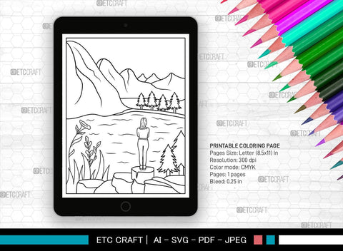 Mountain With Lake Printable Coloring Page, PDF Colouring Book, Instant Download, CBP00007 SVG ETC Craft 