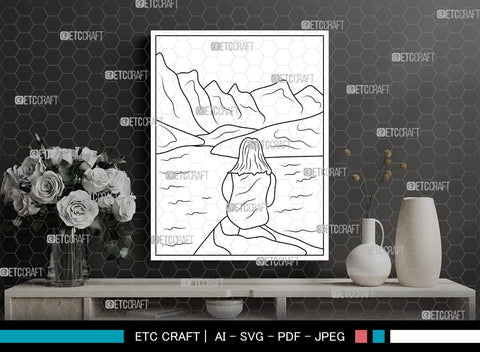 Mountain With Lake Printable Coloring Page, PDF Colouring Book, Instant Download, CBP00007 SVG ETC Craft 