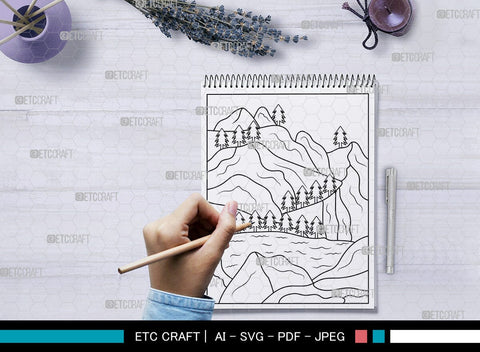 Mountain With Lake Printable Coloring Page, PDF Colouring Book, Instant Download, CBP00007 SVG ETC Craft 