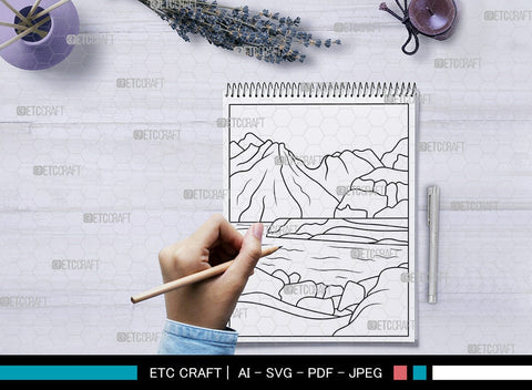 Mountain With Lake Printable Coloring Page, PDF Colouring Book, Instant Download, CBP00007 SVG ETC Craft 