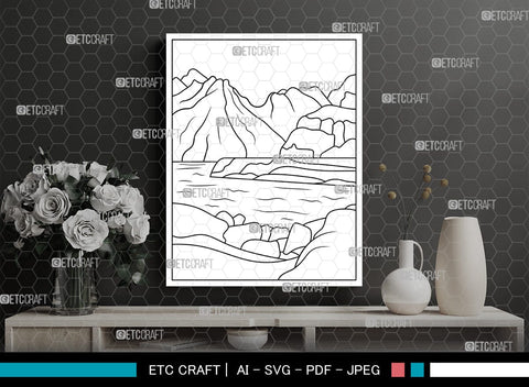 Mountain With Lake Printable Coloring Page, PDF Colouring Book, Instant Download, CBP00007 SVG ETC Craft 