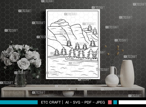 Mountain With Lake Printable Coloring Page, PDF Colouring Book, Instant Download, CBP00007 SVG ETC Craft 