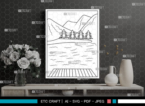 Mountain With Lake Printable Coloring Page, PDF Colouring Book, Instant Download, CBP00007 SVG ETC Craft 