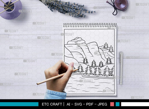 Mountain With Lake Printable Coloring Page, PDF Colouring Book, Instant Download, CBP00007 SVG ETC Craft 