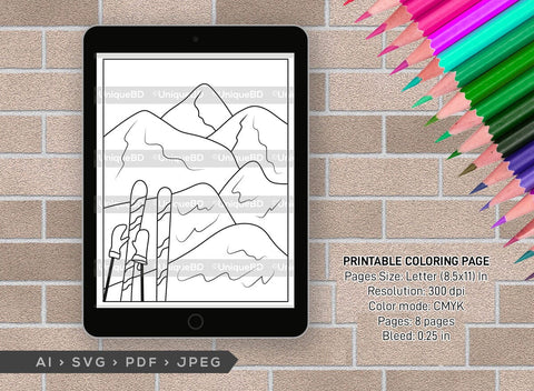 Mountain With Ski Man Printable Coloring Page Bundle, PDF Colouring Book, Instant Download, CBP00008 SVG ETC Craft 