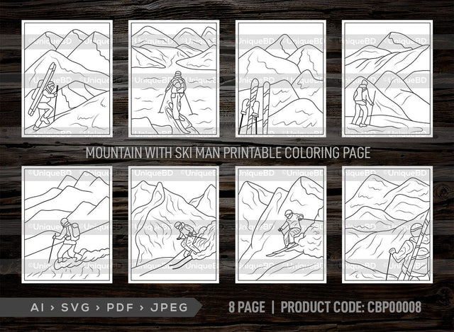 Mountain With Ski Man Printable Coloring Page Bundle, PDF Colouring Book, Instant Download, CBP00008 SVG ETC Craft 