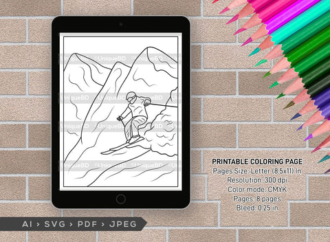Mountain With Ski Man Printable Coloring Page Bundle, PDF Colouring Book, Instant Download, CBP00008 SVG ETC Craft 