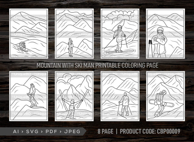 Mountain With Ski Man Printable Coloring Page Bundle, PDF Colouring Book, Instant Download, CBP00009 SVG ETC Craft 