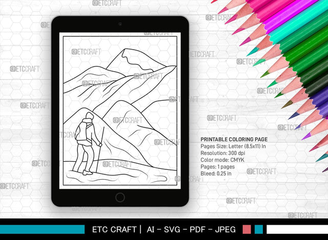 Mountain With Ski Man Printable Coloring Page, PDF Colouring Book, Instant Download, CBP00008 SVG ETC Craft 