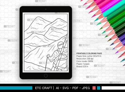 Mountain With Ski Man Printable Coloring Page, PDF Colouring Book, Instant Download, CBP00008 SVG ETC Craft 