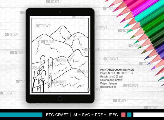 Mountain With Ski Man Printable Coloring Page, PDF Colouring Book, Instant Download, CBP00008 SVG ETC Craft 