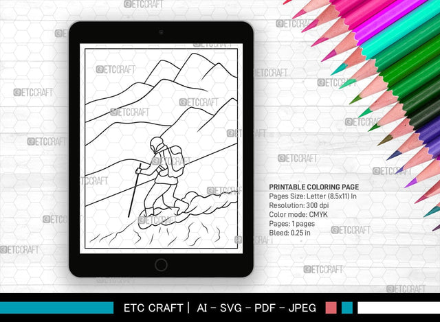 Mountain With Ski Man Printable Coloring Page, PDF Colouring Book, Instant Download, CBP00008 SVG ETC Craft 