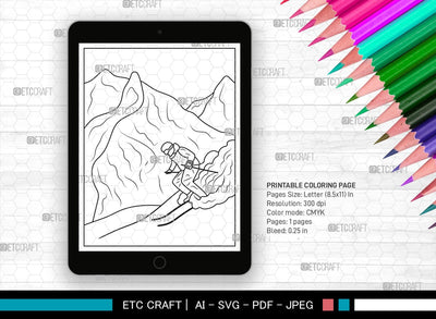 Mountain With Ski Man Printable Coloring Page, PDF Colouring Book, Instant Download, CBP00008 SVG ETC Craft 