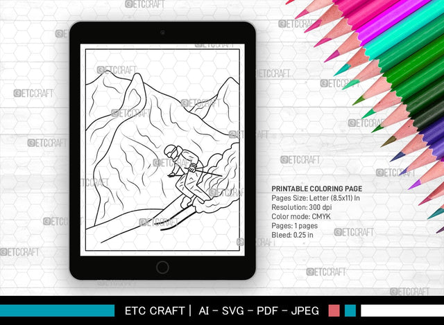 Mountain With Ski Man Printable Coloring Page, PDF Colouring Book, Instant Download, CBP00008 SVG ETC Craft 