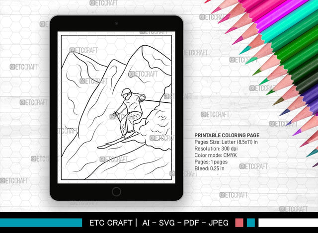 Mountain With Ski Man Printable Coloring Page, PDF Colouring Book, Instant Download, CBP00008 SVG ETC Craft 