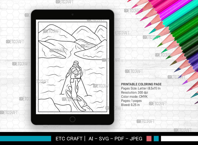Mountain With Ski Man Printable Coloring Page, PDF Colouring Book, Instant Download, CBP00008 SVG ETC Craft 